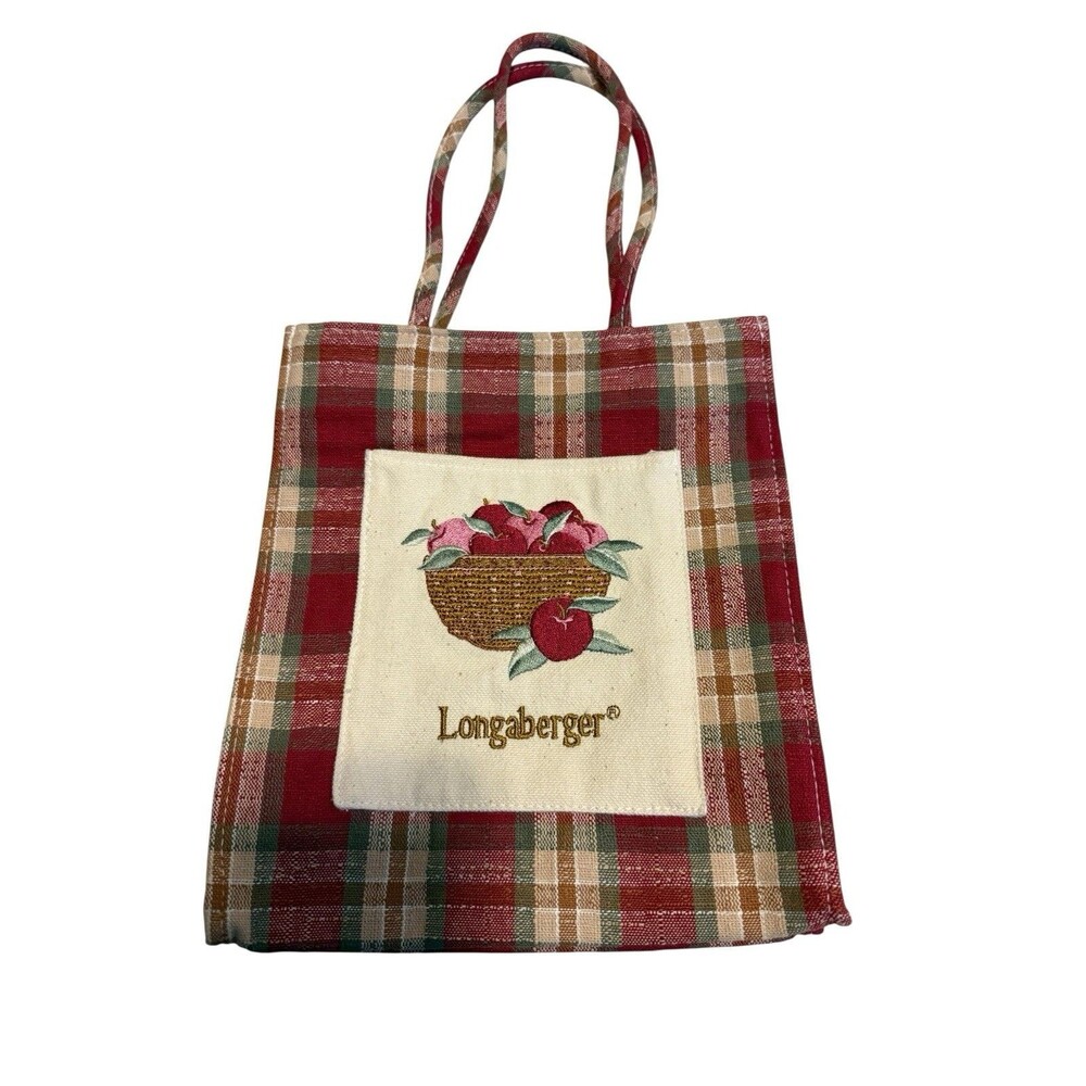 Longaberger Homestead Tote Bag 9” Plaid Red Apple Basket Farmhouse 100% Cotton